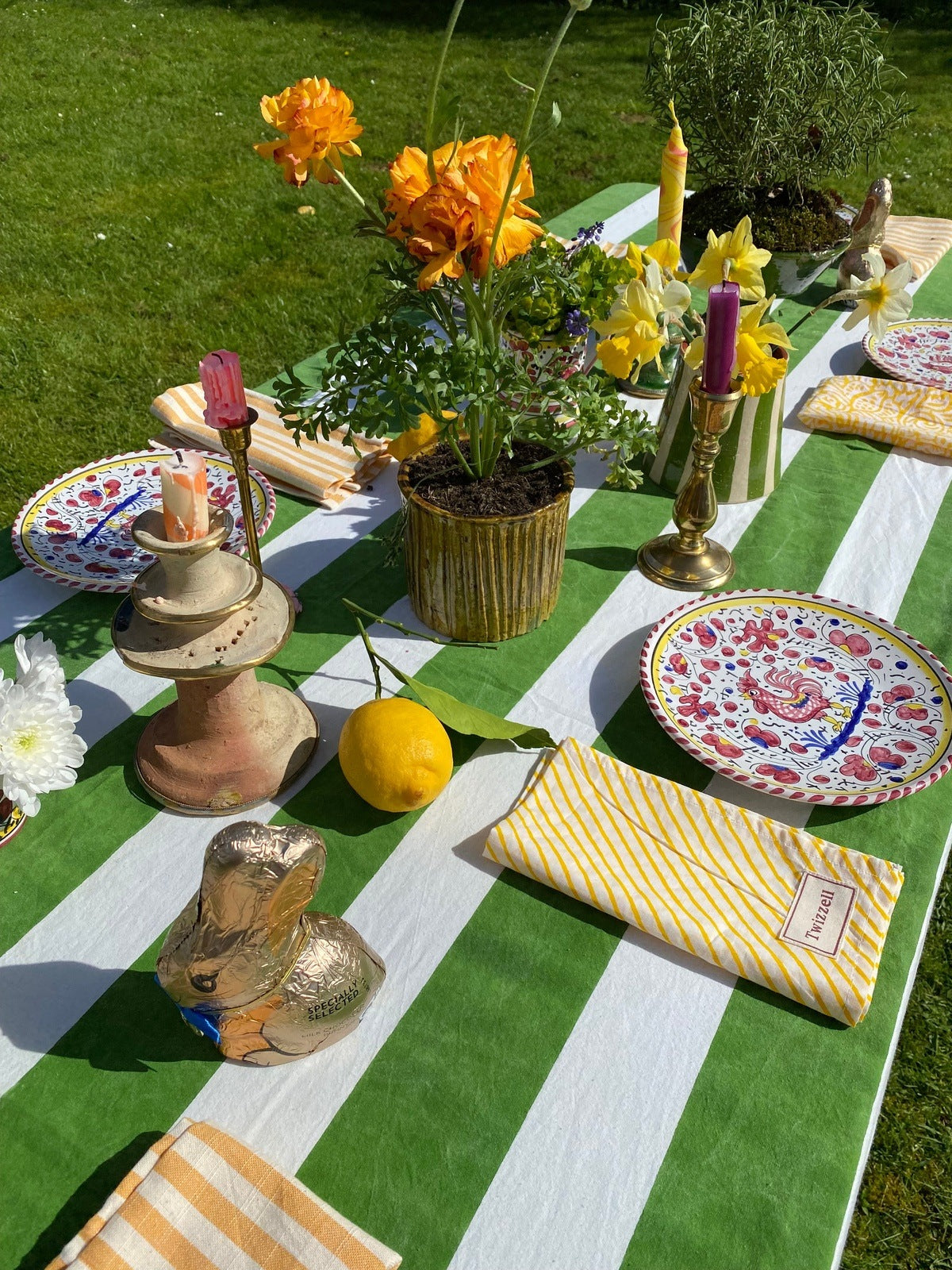 Indian Block Print Tablecloth - Green and White stripe