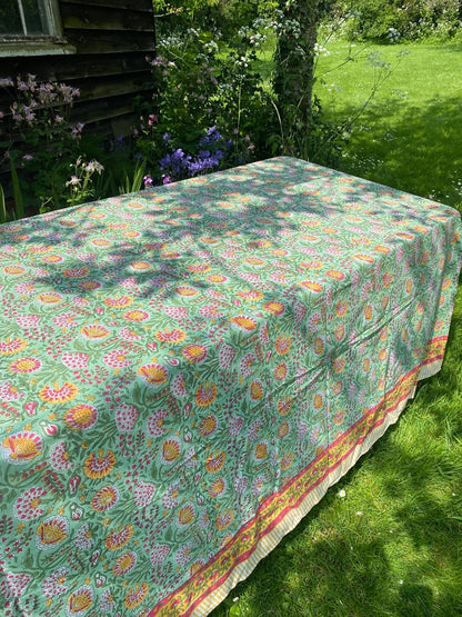 Indian Block Print Tablecloth - Multi on Green