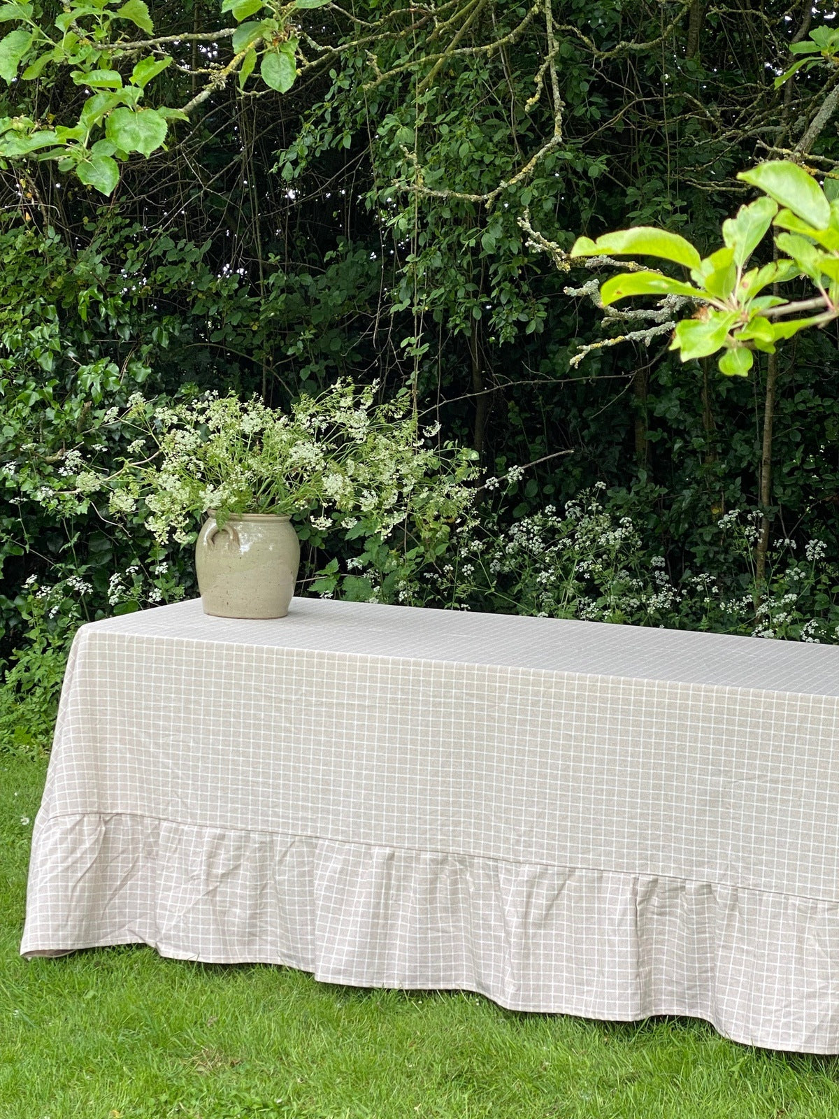 Beige Check Ruffle Tablecloth