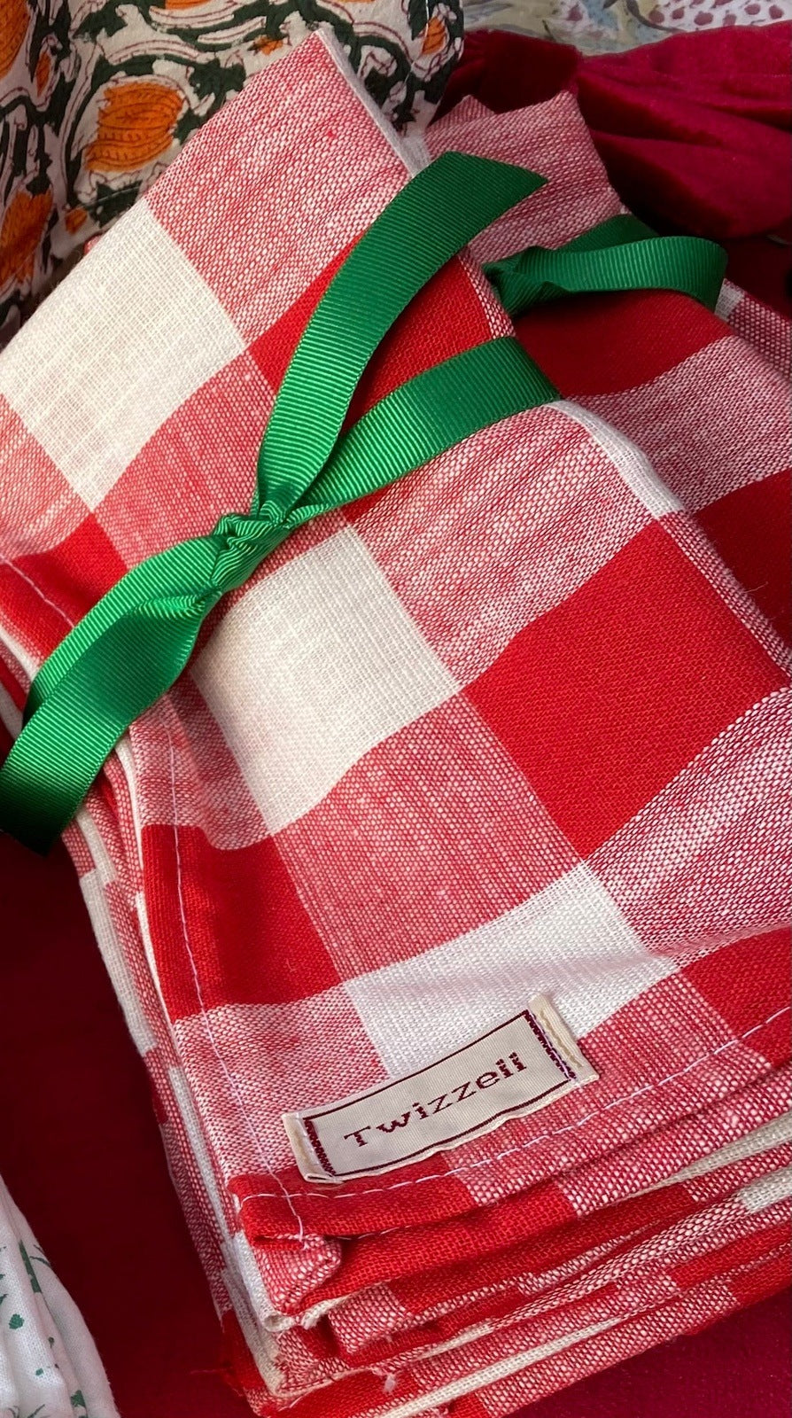 Red Gingham Linen Cotton Blend Napkins Set of 4