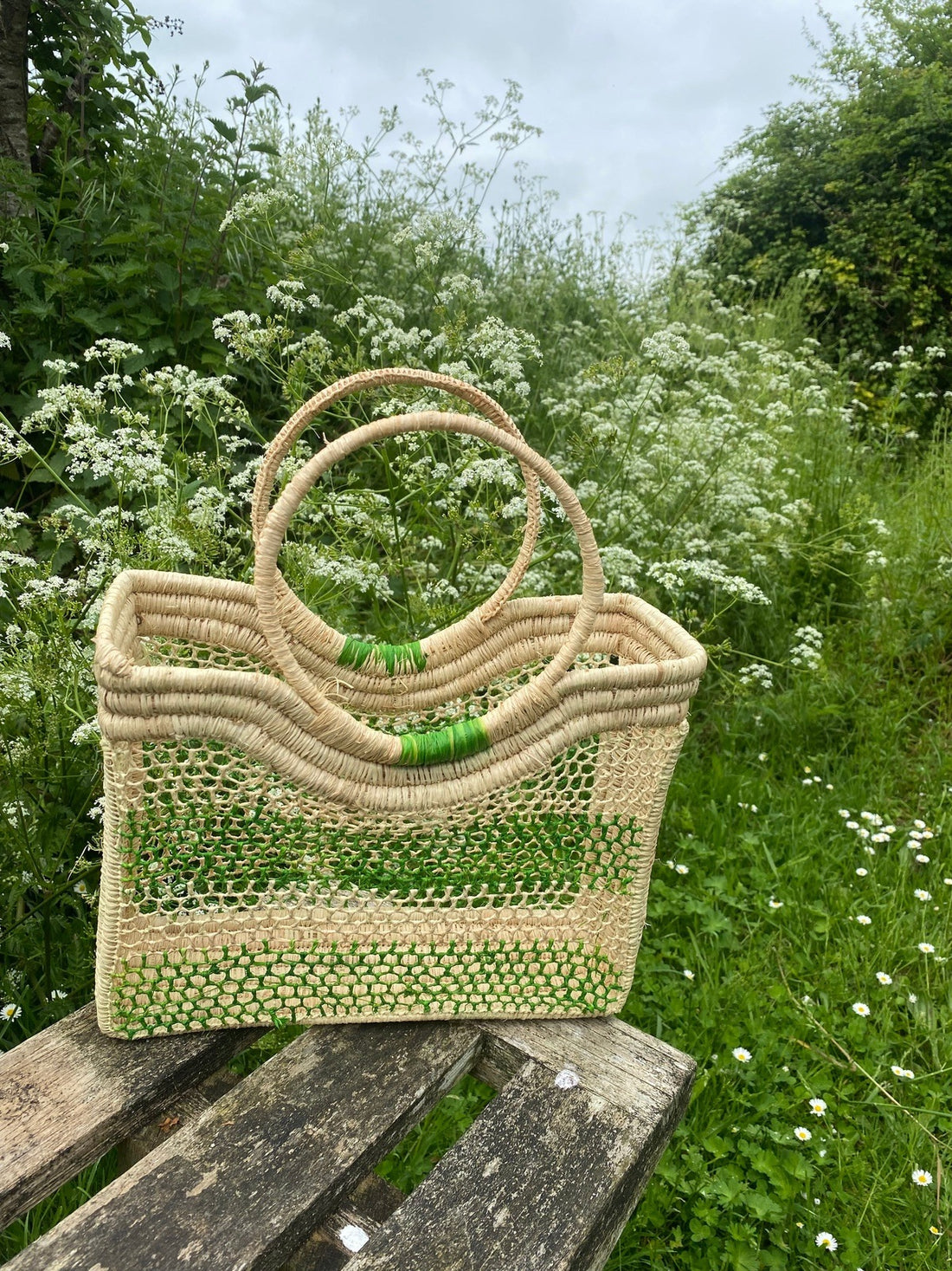 Hand woven raffia basket - green horizontal stripe