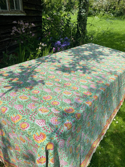 Indian Block Print Tablecloth - Multi on Green