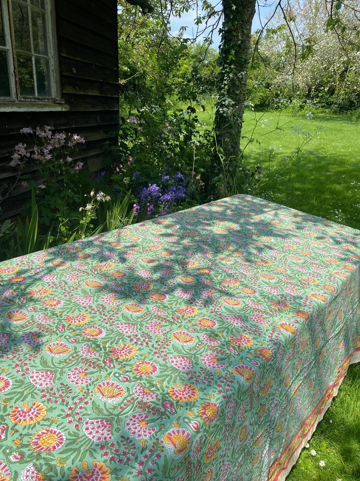 Indian Block Print Tablecloth - Multi on Green