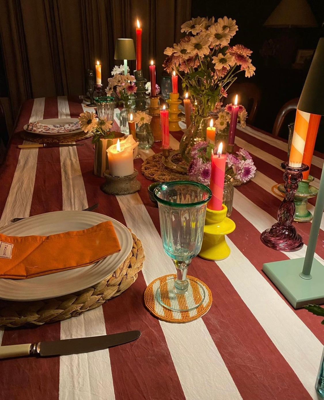 Indian Block Print Tablecloth - Merlot and white stripe