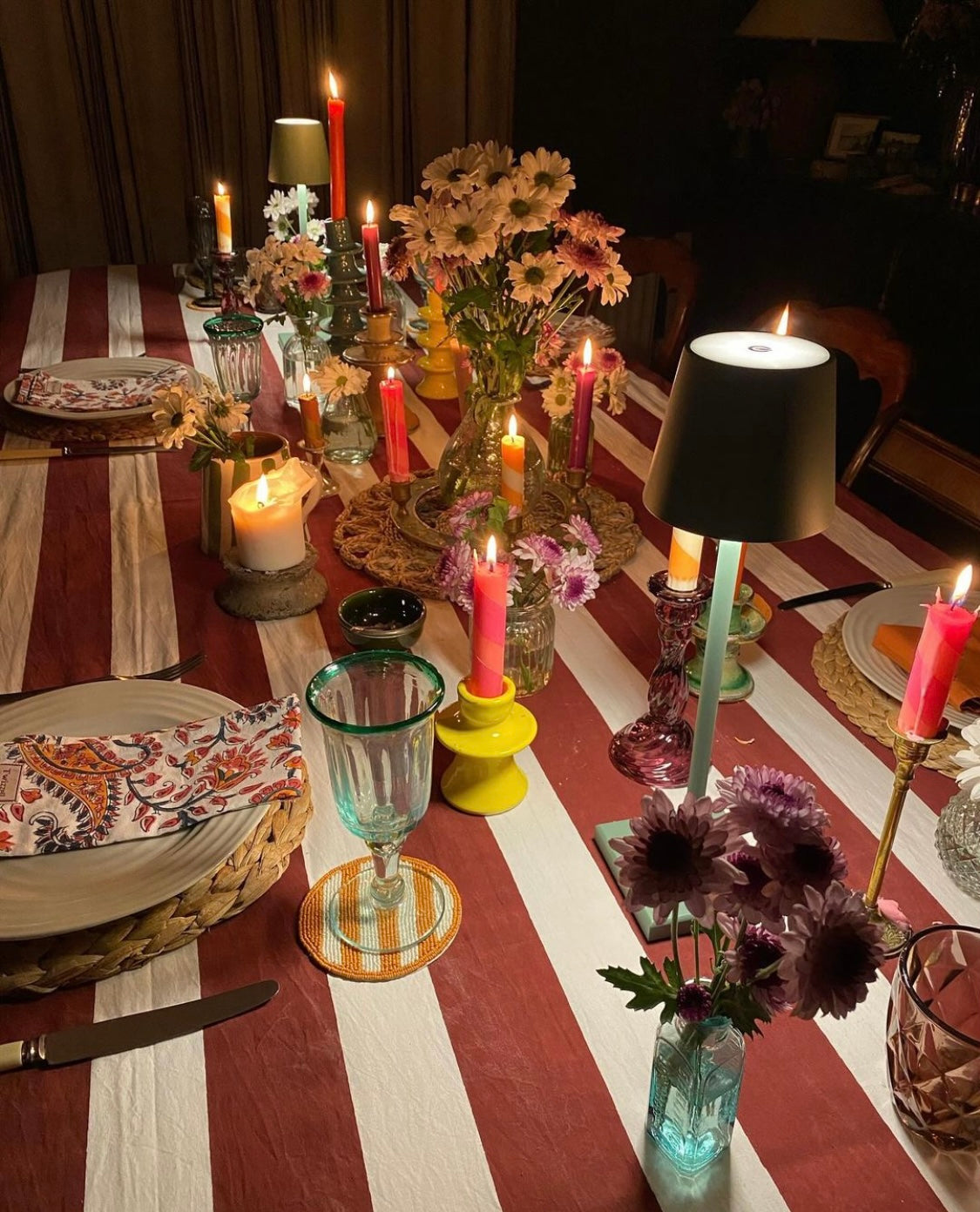 Indian Block Print Tablecloth - Merlot and white stripe