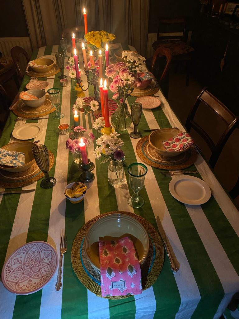 Indian Block Print Tablecloth - Green and White stripe