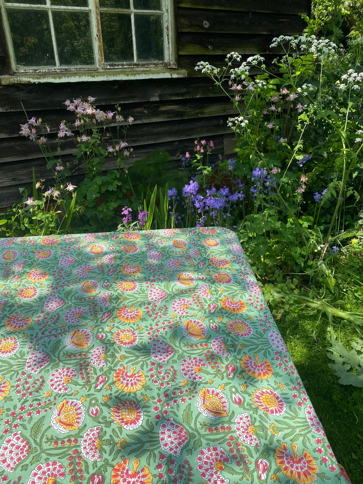Indian Block Print Tablecloth - Multi on Green