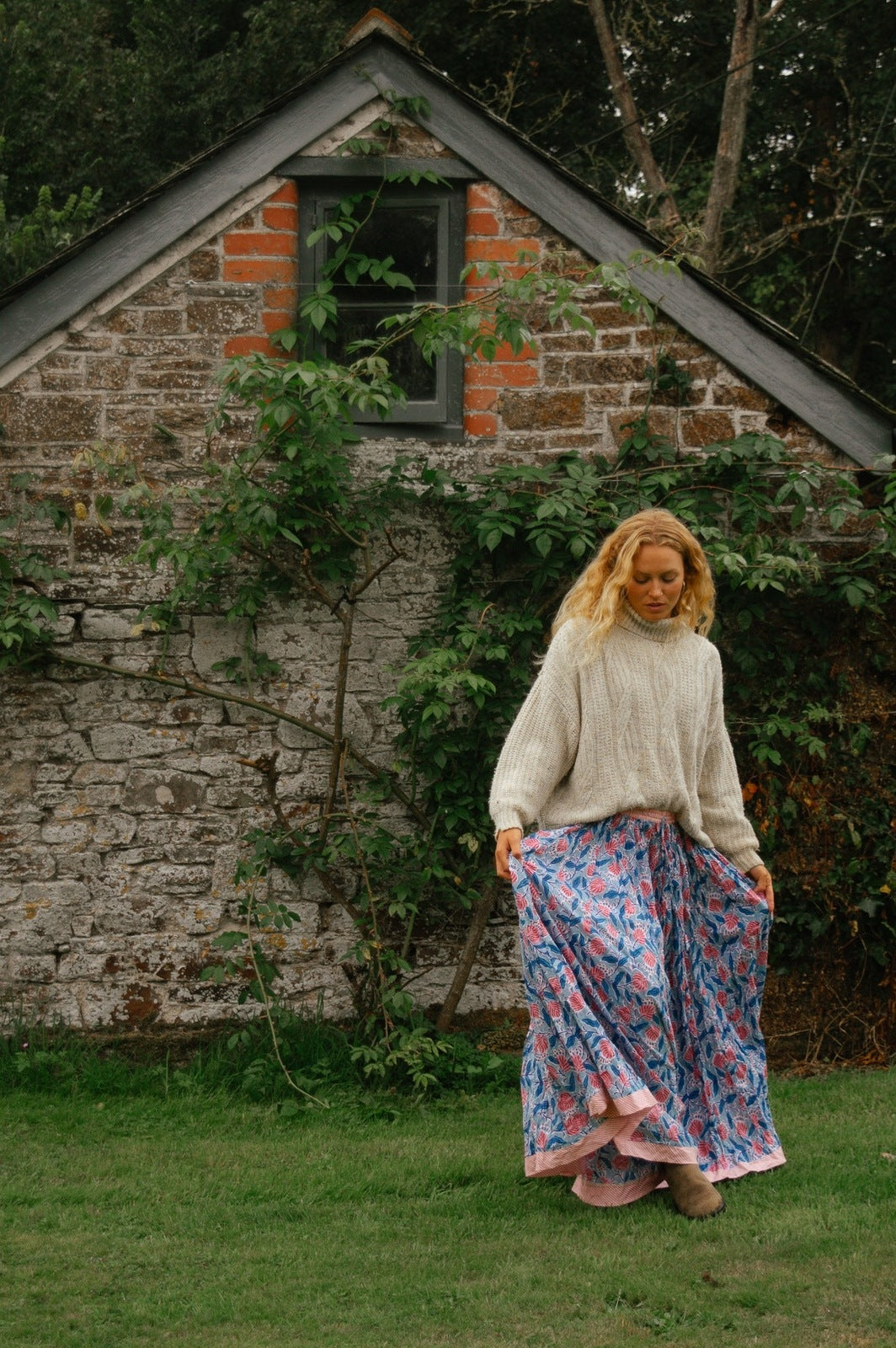 Indian Block Print Skirt - Blue and Pink