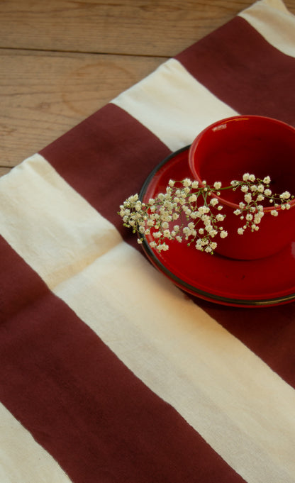 Indian Block Print Tablecloth - Merlot and white stripe