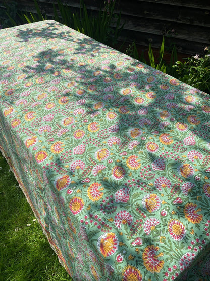 Indian Block Print Tablecloth - Multi on Green