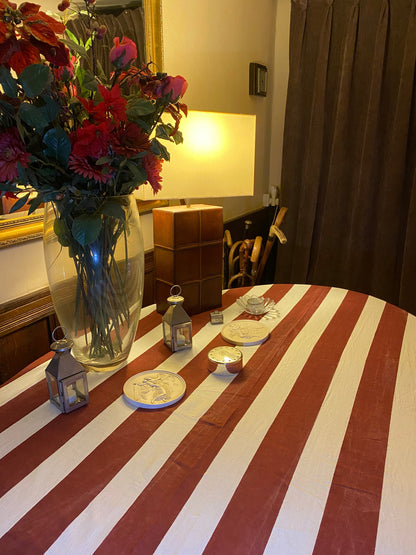 Indian Block Print Tablecloth - Merlot and white stripe