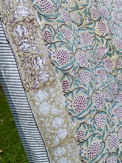 Indian Block Print Tablecloth - Beige, Turquoise and Aubergine