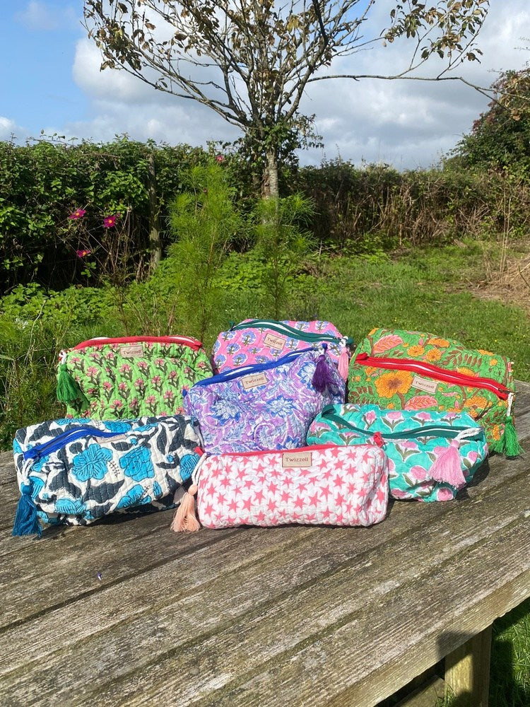 Quilted Wash Bag - Green with Orange Flowers