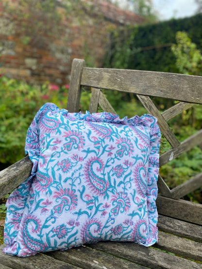 Ruffle Cushion Cover - Turquoise Paisley