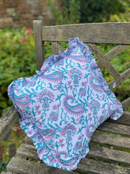 Ruffle Cushion Cover - Turquoise Paisley