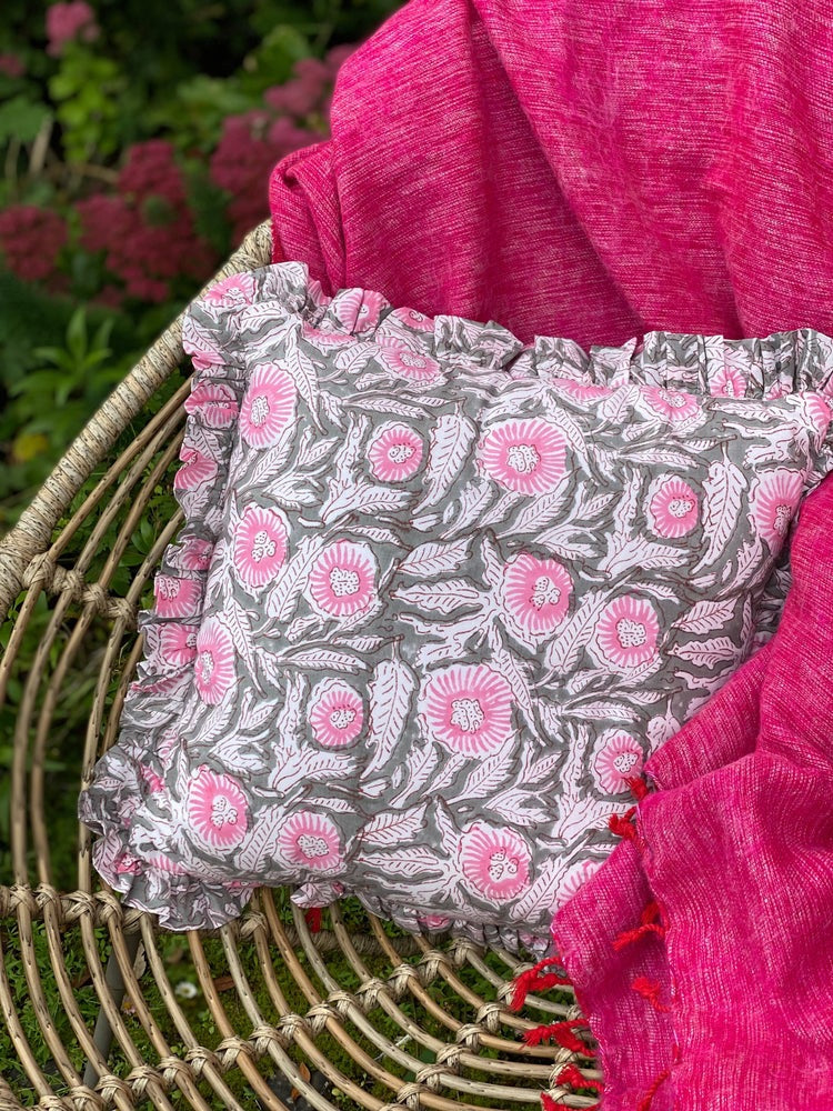 Ruffle Cushion Cover - Grey with Pink Flower