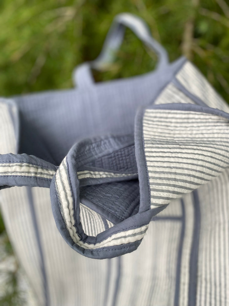 Indian Block Print Tote Bag - White and Blue Stripe