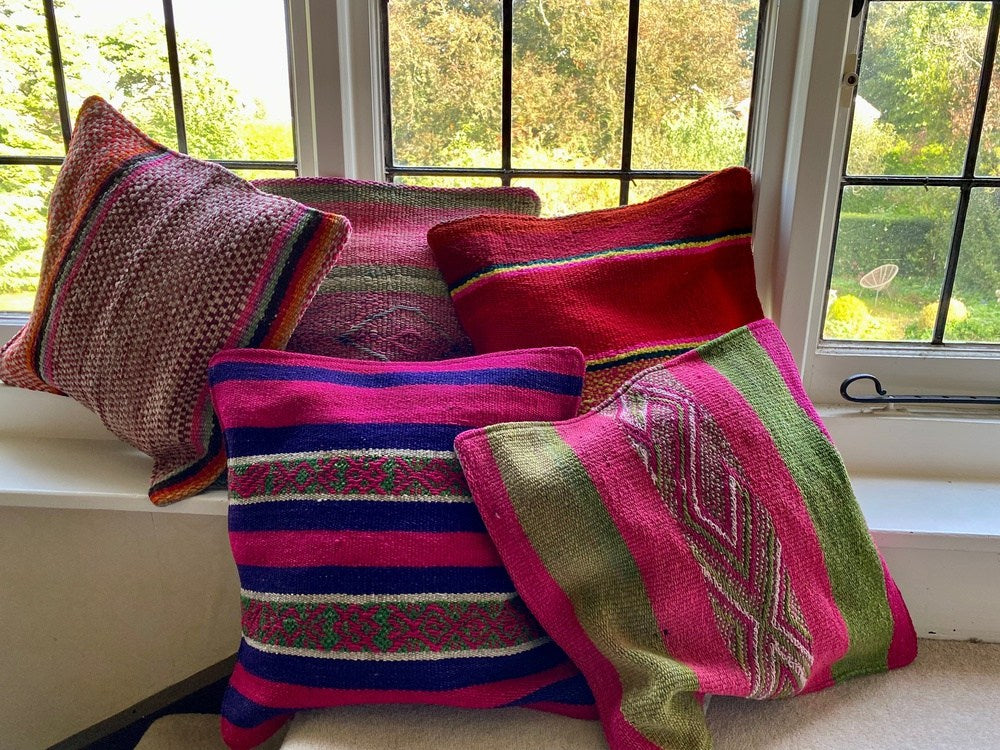 Peruvian Frazada Cushion Cover Pink and Grey Stripe 1