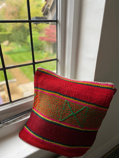 Peruvian Frazada Cushion Cover Bright Red and Green Stripe 2